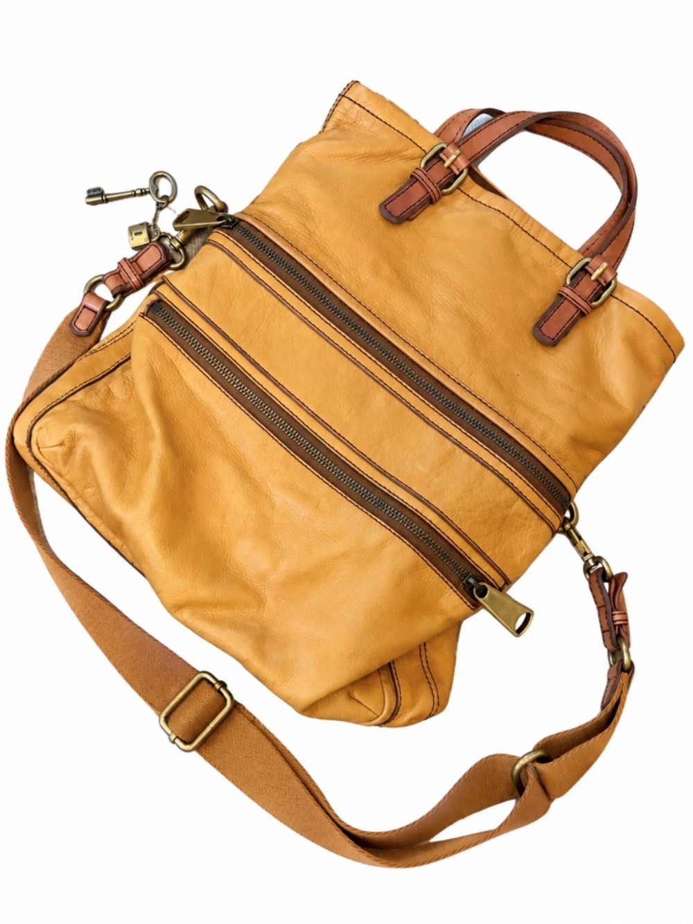 Fossil Explorer Convertible Leather Tote Crossbody Bag Tan Large